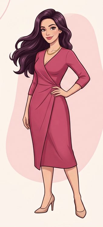 Illustration of the CurioBlush host, an animated character with plum wavy hair in a rose wrap dress